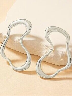 NEW! Silver Organic Wave Abstract Open Hoop Post Earrings